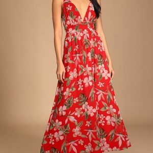 Red Tropical Print Maxi Dress